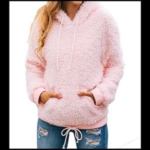 Pastel Pink Furry Drawstring Hoodie